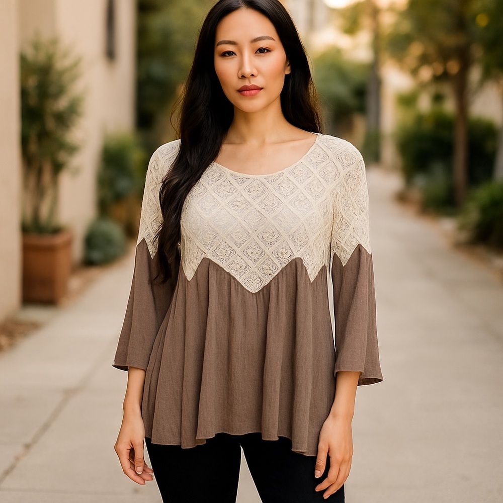 entro Two-Tone Crochet Yoke Peasant Blouse in Cream and Brown